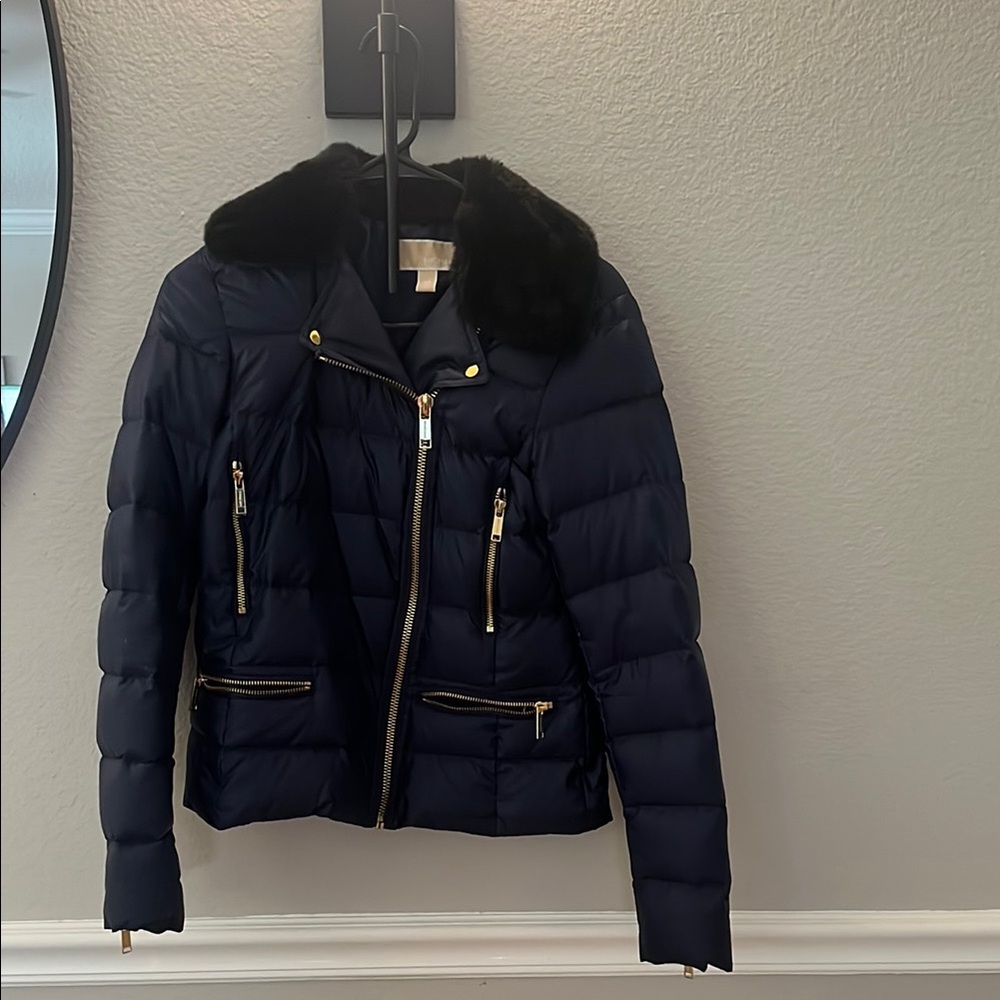 Michael Kors Navy Blue Puffer Jacket with Gold Accents - Picture 4 of 8